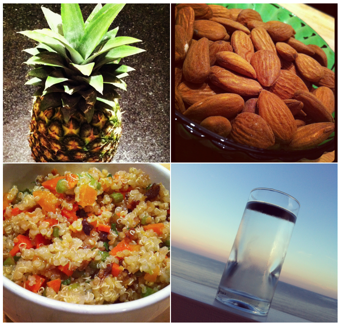 fresh fruit, almonds, quinoa stuffing and pure water